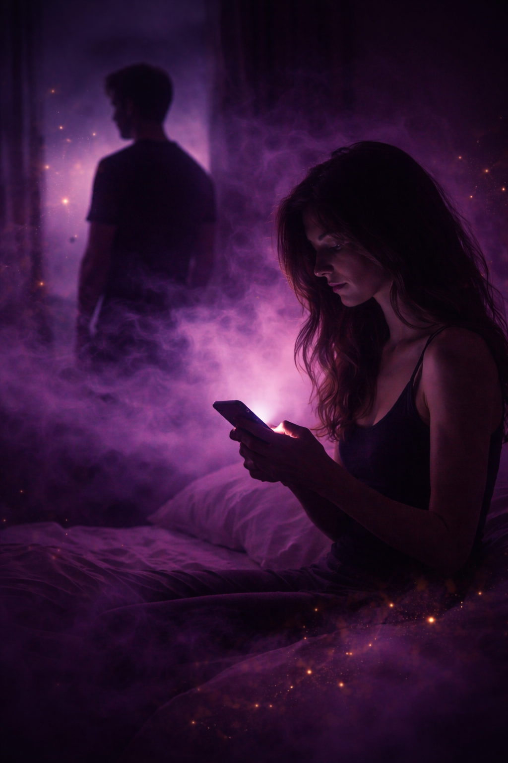 Une femme consulte Demasked sur son téléphone dans une atmosphère violette